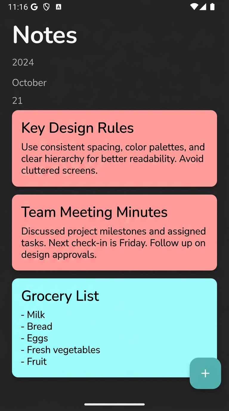 Blink Note app showing a list of colorful notes